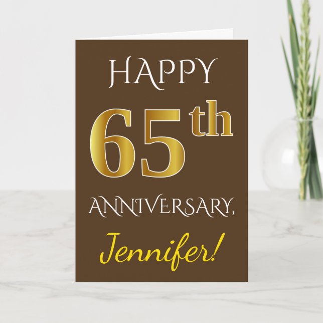 Carte Marron, Or Faux 65e Anniversaire de Mariage + Nom (Devant)