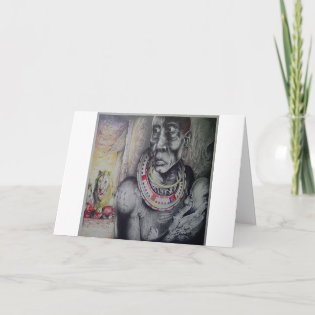 Carte Masai mère et enfant avec Lion Art Imprimer/Graphi (Devant)
