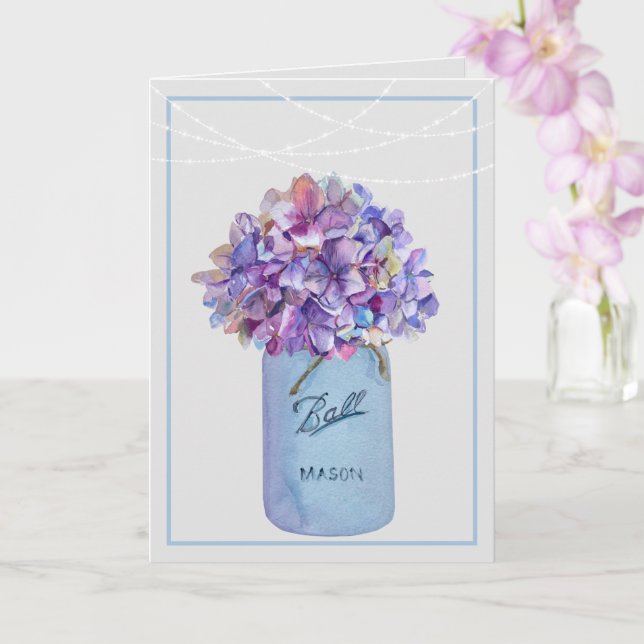 Carte Mason Jar Avec Hydrangeas Violettes Lumières À Cha (Orchidée)