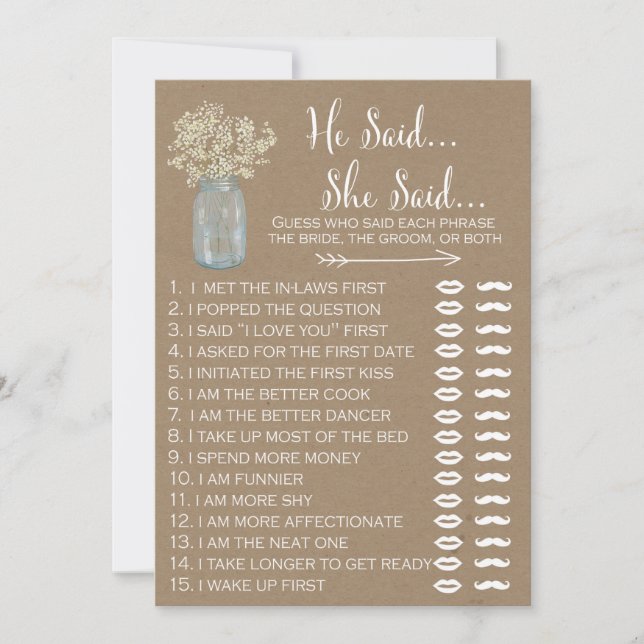 Carte Mason Jar Baby's Breath Shower Il dit qu'elle dit (Devant)