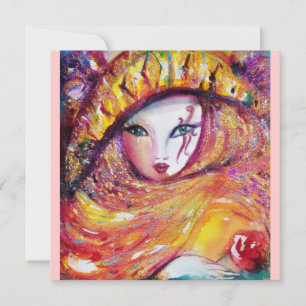 Carte MASQUE EN JAUNE, FÊTE DU MARDI GRAS rose rouge pou