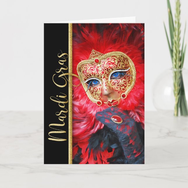Carte Masque Mardi Gras Carnaval avec plumes rouges (Devant)