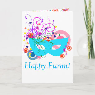 Carte Masque turquoise de Purim avec des remous
