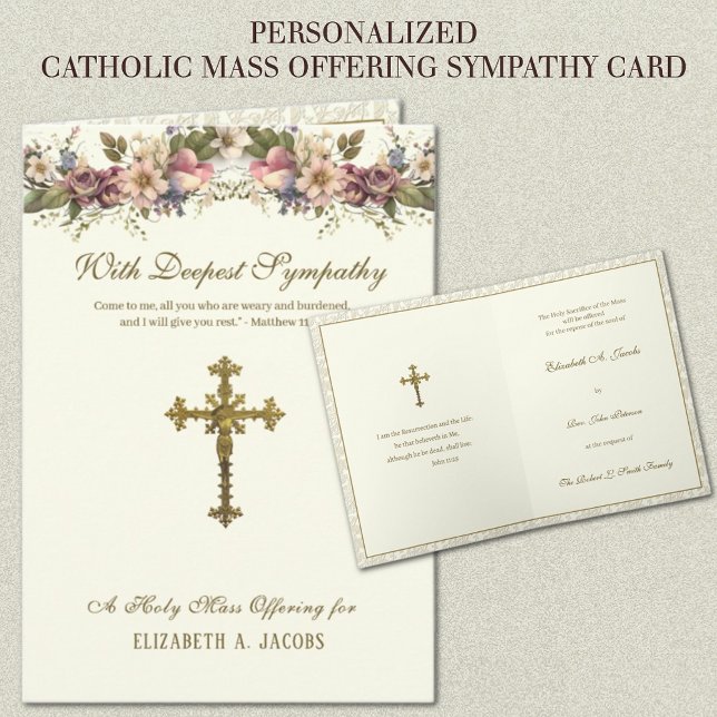 Carte Masse De Sympathie Catholique Offrant Crucifix Flo (TRADITIONAL CATHOLIC LATIN MASS OFFERING SYMPATHY FUNERAL CARDS)