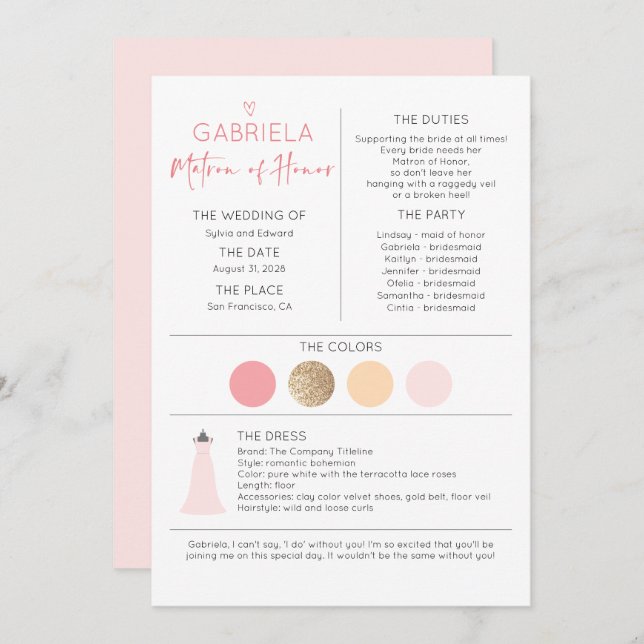 Carte Matron d'honneur Proposition et information (Devant / Derrière)
