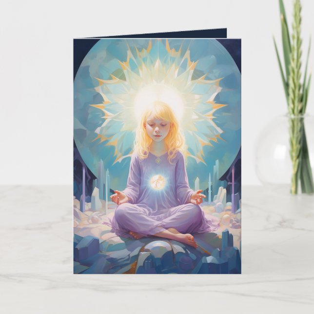 Carte Méditant Yoga filles cristaux bleu violet Annivers (Devant)
