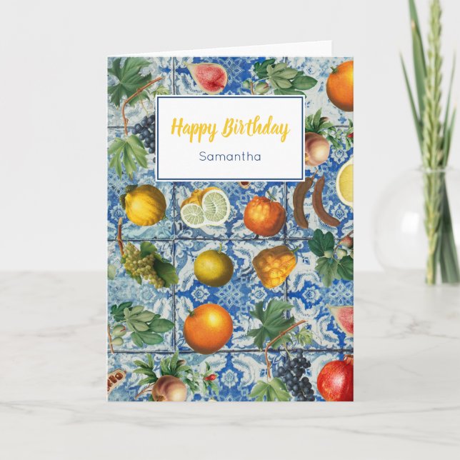 Carte Méditerranée Fruit Bleu Mosaïque Anniversaire (Devant)