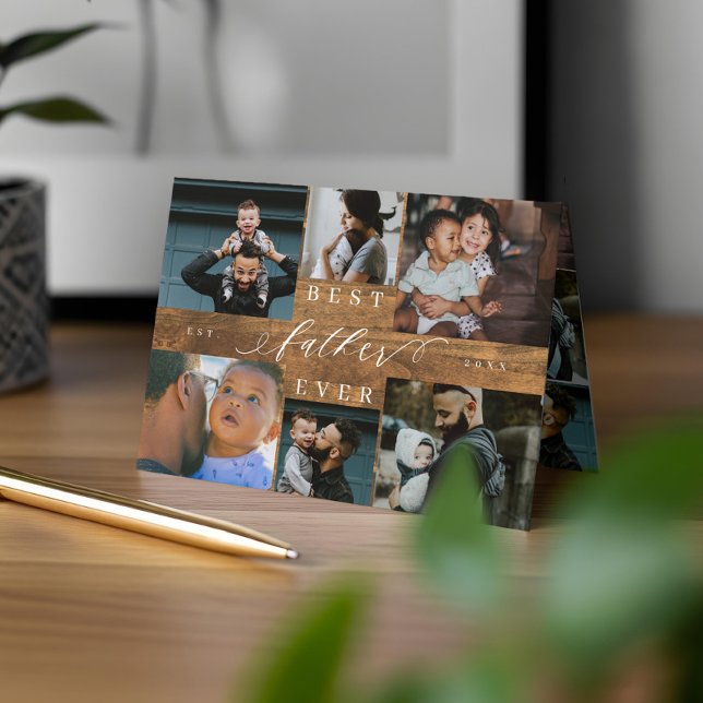 Carte Meilleur Père Jamais Fête des pères à grains de bo (Best Father Ever Woodgrain Father's Day 6 Photo Card)