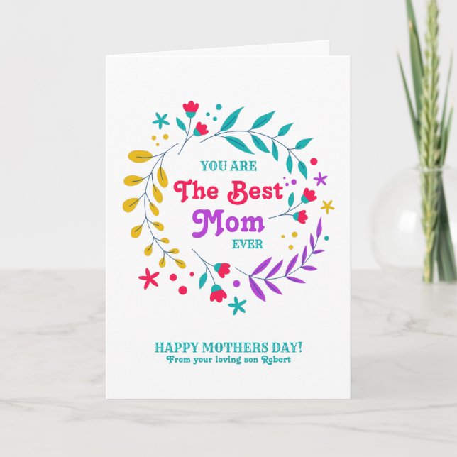 Carte Meilleure maman jamais, Fleurs colorées Wreath (Devant)