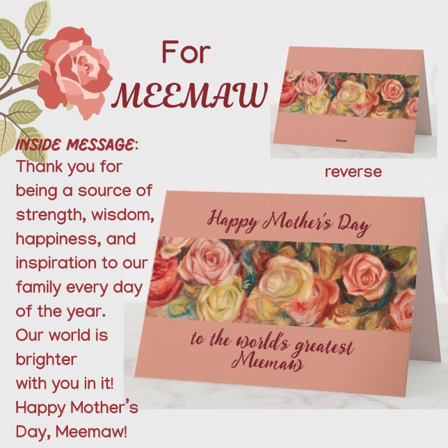 Carte 'Meilleure Meemaw' Fête des Mères Roses Florales P (A beautiful floral roses Mother's Day card for your special southern Meemaw (grandmother)! )