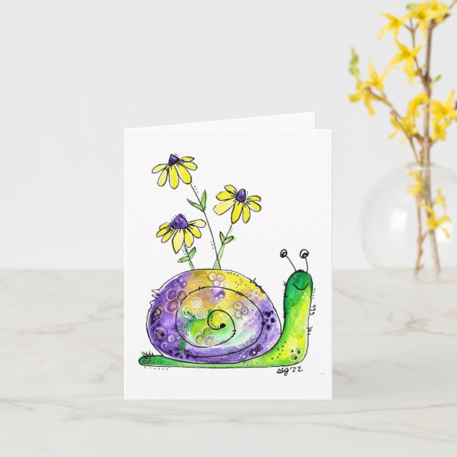 Carte Mélange Whimsical Happy Snail avec Fleurs Jaunes (Fleur jaune)