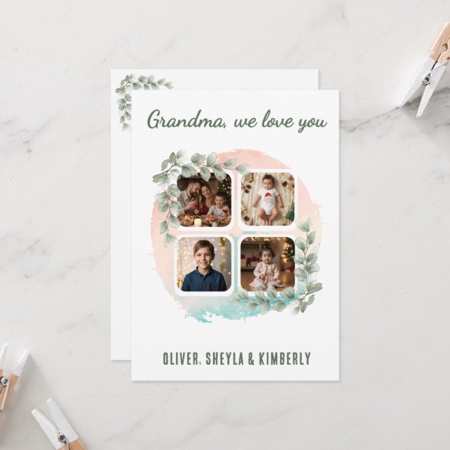 Carte Mémé nous t'aimons 6 Collage de photos Eucalyptus (Devant/Arrière en situation)