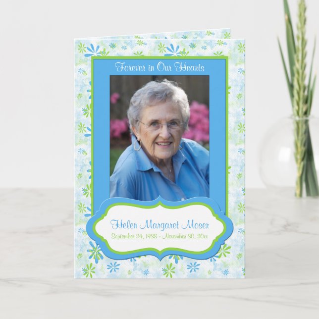 Carte Mémorial Floral Bleu et Vert avec photo (Devant)