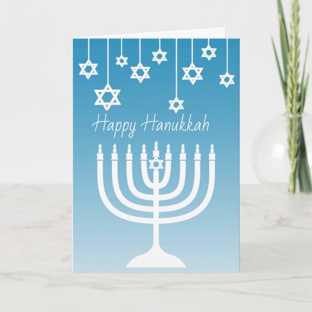 Carte Menorah bleu et blanc Joyeux Hanukkah (Devant)