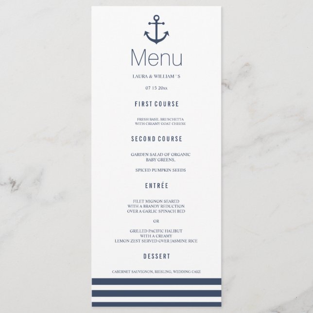 Carte menu Ancre nautique et dîner Mariage rayé (Devant)