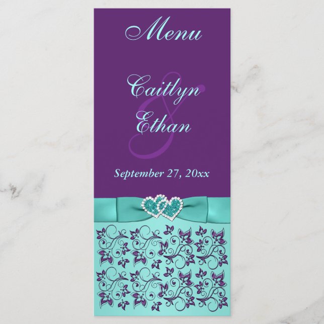 Carte menu Aqua, Floral Violet, Coeurs (Devant)