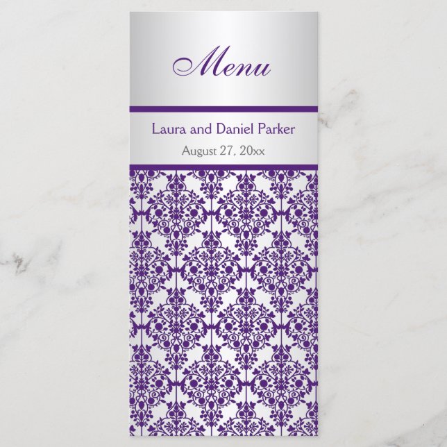 Carte menu Argent et Pourpre Damask (Devant)