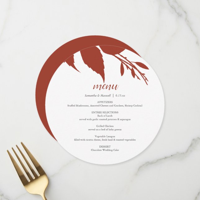 Carte Menu Arrondi Orange Brûlé (Devant/Arrière en situation)