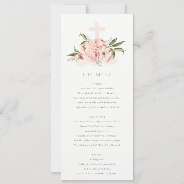 Carte Menu Baptême de Peach Peony Floral Cross (Devant)