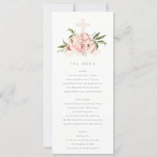 Carte Menu Baptême de Peach Peony Floral Cross