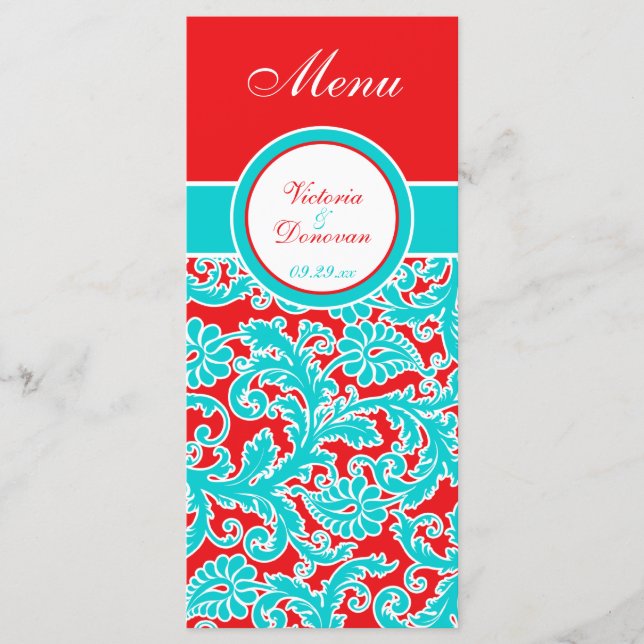 Carte menu Blue Red White Floral Damask (Devant)
