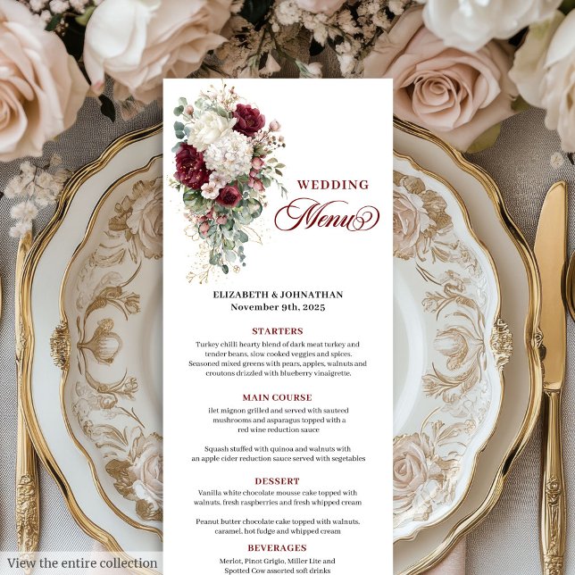 Carte menu Boho rouge blanc foncé or floral mariag (Boho deep red white gold floral wedding menu card

)