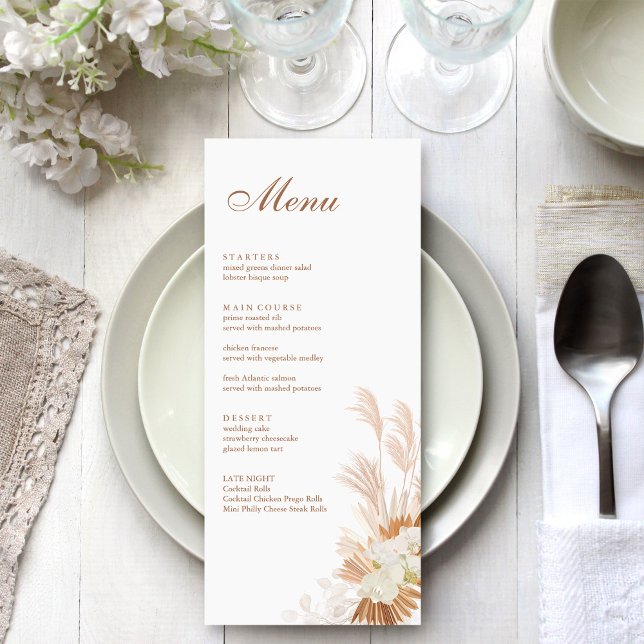 Carte menu Boho Terracotta Pampas Grass Orchid (Boho Terracotta Pampas Grass Orchid Menu Card on a bohemian white wedding table.)