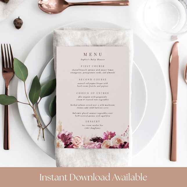 Carte menu Bordure florale Blush & Burgundy (Créateur téléchargé)