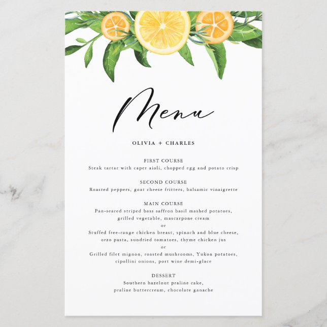 Carte menu Citrus d'aquarelles et d'oranges (Devant)