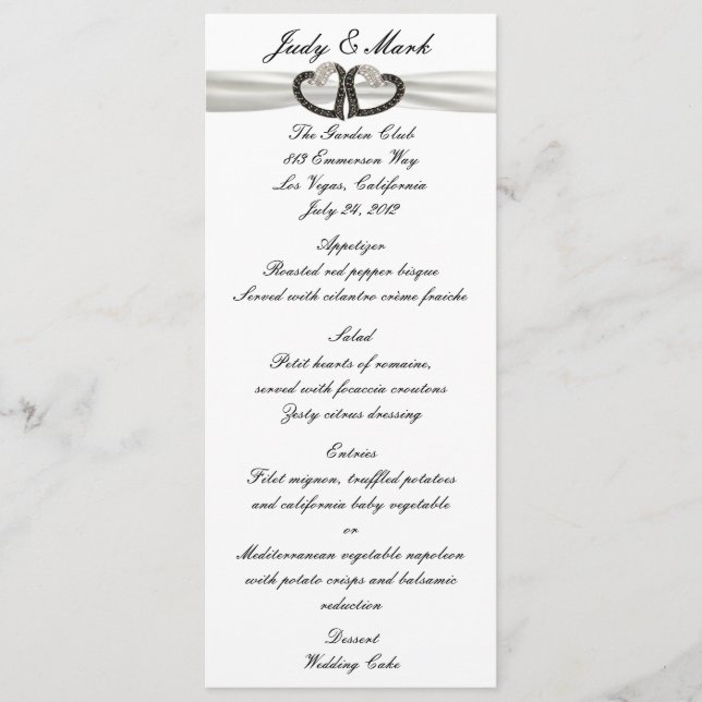 Carte Menu Coeurs Diamants Noir & Blanc (Devant)