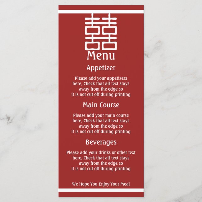 Carte Menu Double Happy Mariage chinois (Devant)
