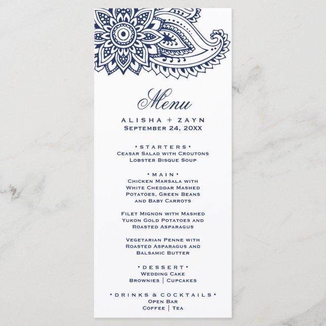 Carte menu du dîner de la Marine indienne Paisley (Devant)