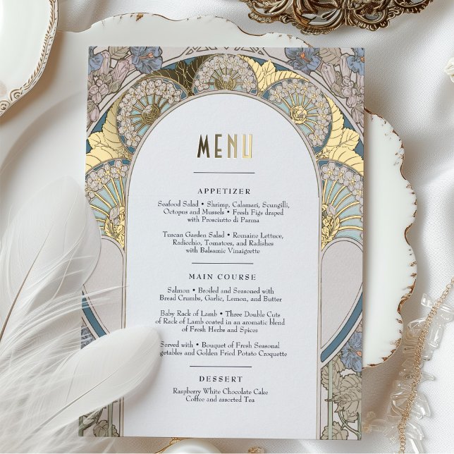 Carte menu Dusty Blue Gold Art Nouveau Mucha (Créateur téléchargé)