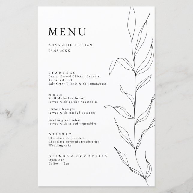 Carte menu Feuille de feuillage de trait de trait (Devant)