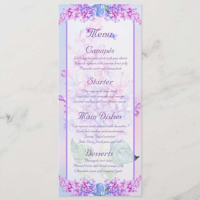 Carte menu Fleur Lilac violet Aquarelle (Devant)