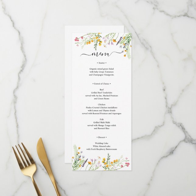 Carte Menu fleur sauvage élégante monogrammée sur  (Devant/Arrière en situation)