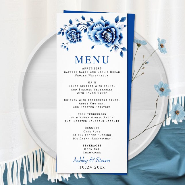 Carte menu mariage à fleurs bleues Chinoiserie (Créateur téléchargé)