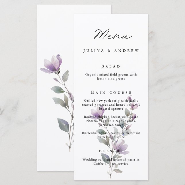 Carte Menu Mariage à script floral simple (Devant / Derrière)
