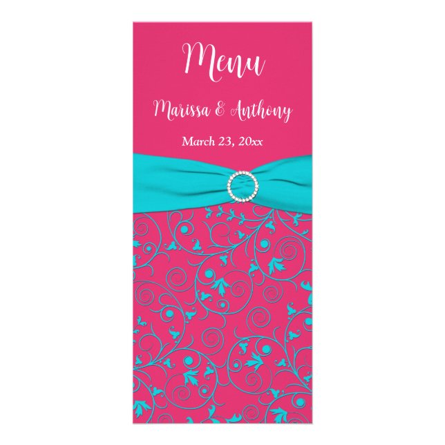 Carte Menu Mariage/Anniversaire Rose, Aqua Swirls (Devant)