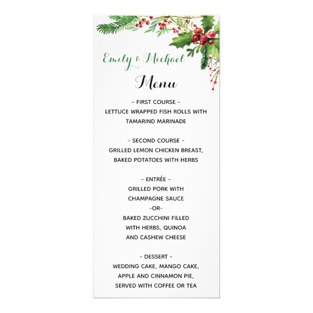 carte menu mariage aquarelle botanique vert rouge (Devant)