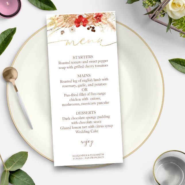 Carte Menu mariage Aquarelle dorée Boho Floral (Créateur téléchargé)