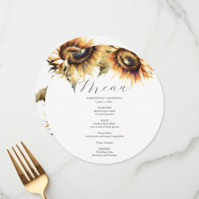 Carte Menu mariage Aquarelle Fleurs de soleil (Devant/Arrière en situation)