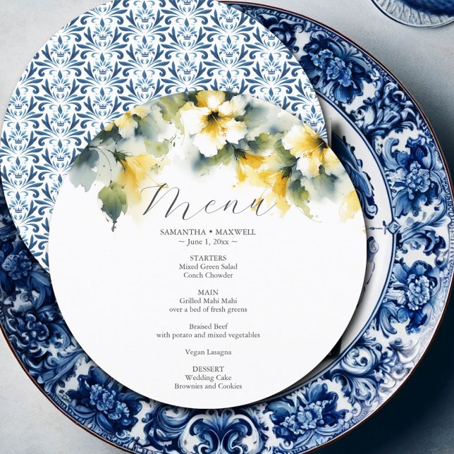 Carte Menu mariage Aquarelle Hibiscus Fleurs (wedding menu card watercolor yellow hibiscus flowers blue ornate pattern)