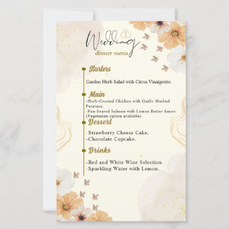Carte menu mariage avec design floral crème