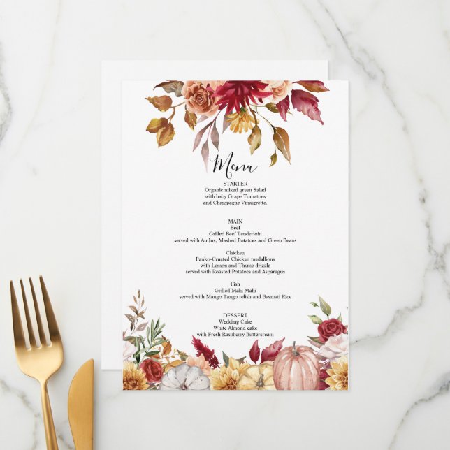 Carte menu mariage de automne floral (Devant/Arrière en situation)