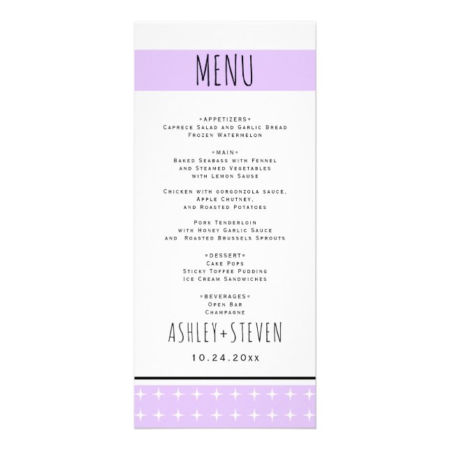 Carte menu mariage de la typographie à main lavand (Devant)