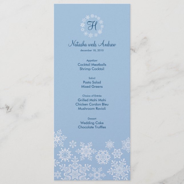 Carte Menu Mariage des flocons d'hiver (Devant)
