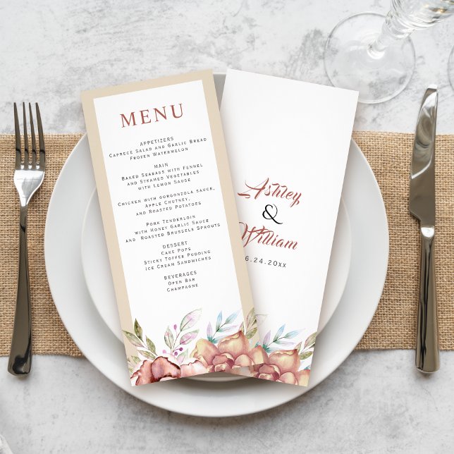 Carte menu mariage fleurs d'aquarelle en terre cui (Créateur téléchargé)