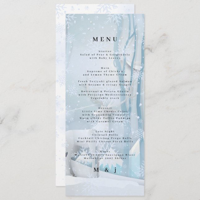 Carte menu Mariage neige d'hiver (Devant / Derrière)