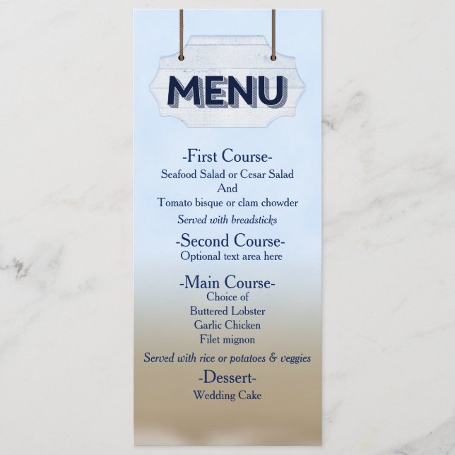 Carte Menu Mariage Plage Bois Blanc (Devant)